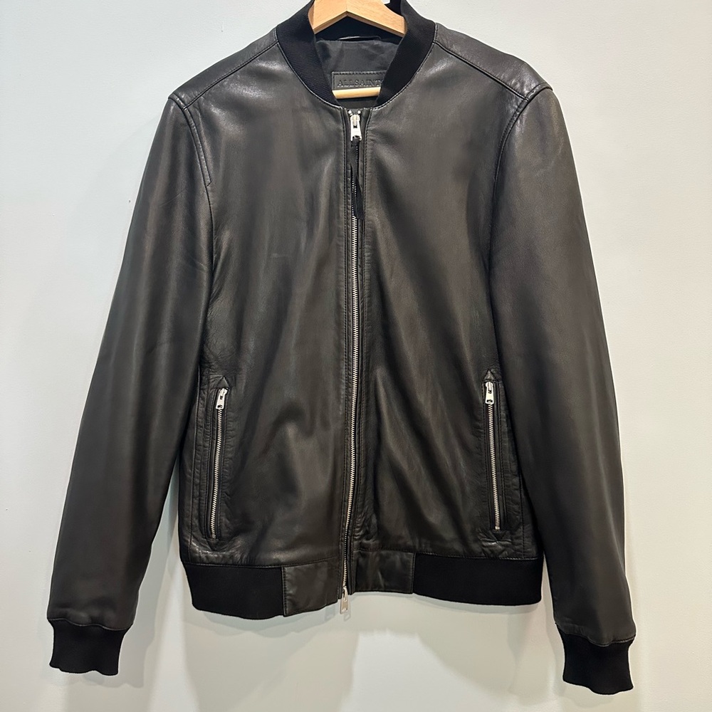 All Saints Calfskin Bomber Jacket with Ribbed Cuffs